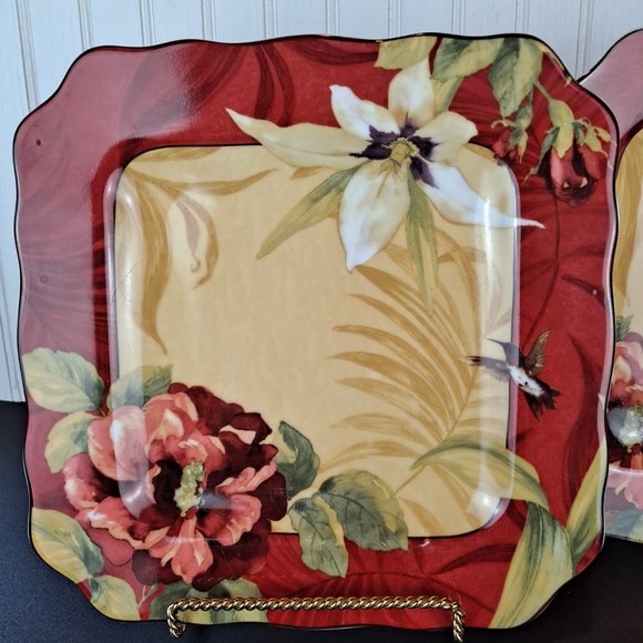 Set of (2) 222 Fifth Plates Hummingbird Tropical Floral 11" - Picture 3 of 8